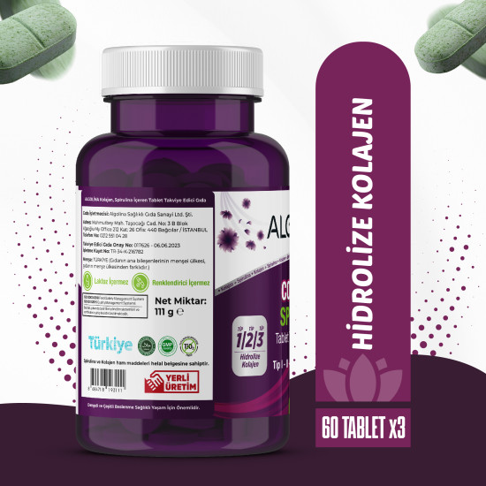 Algolina Collagen + Spirulina 60 Tablet (Kolajen Tip I - II -III) - (3 adet) Algolina Collagen + Spirulina 60 Tablet (Kolajen Tip I - II -III) - (3 adet)